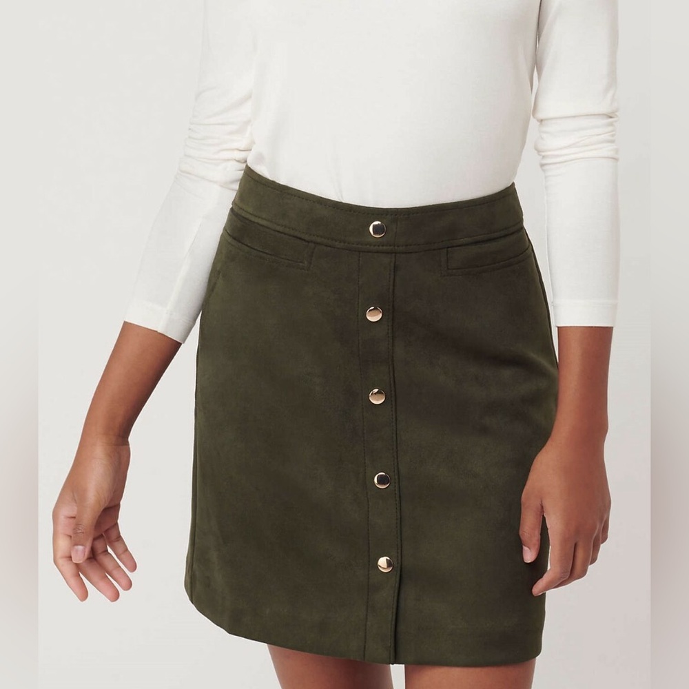 LOFT olive green Button-Frong Faux Suede Skirt